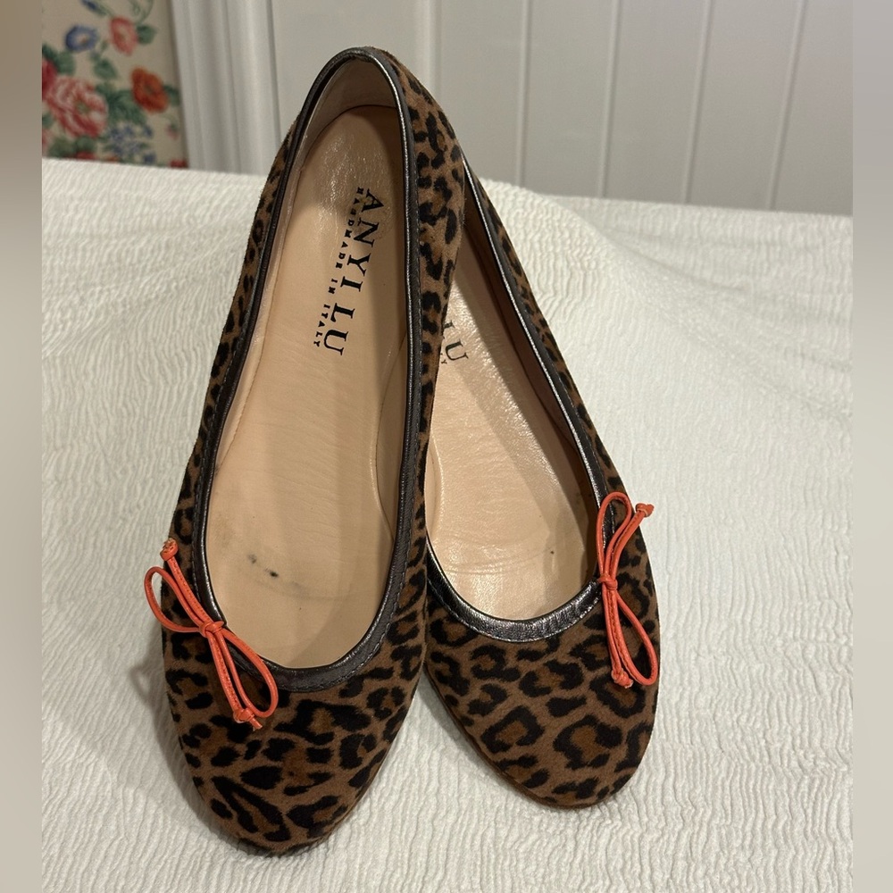 Anyi Lu Leopard Pattern Flats with Bow Accents Handmade in Italy
